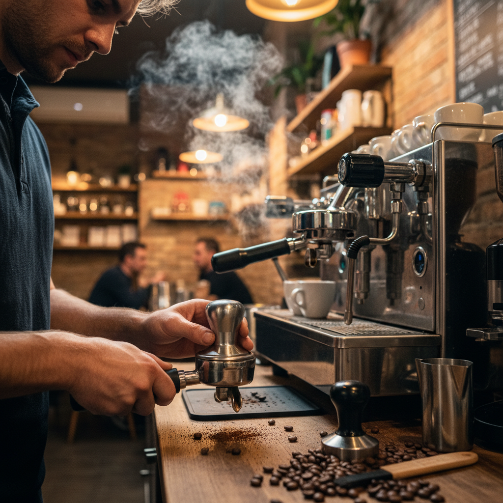 A professional barista focusing intently on mastering the espresso base for an authentic Italian cappuccino, captured in a cozy, rustic café setting. In the foreground, the barista is tamping fresh coffee grounds into a gleaming portafilter, showcasing the rich, dark espresso blend. The middle ground features a classic espresso machine with steaming elements and coffee cups at the ready, while coffee beans are scattered artfully on a wooden counter. In the background, warm lighting illuminates the café, enhancing the inviting ambiance with soft shadows. The scene is framed with a slight angle to emphasize the action of brewing, suggesting a passion for coffee craftsmanship. A sense of determination and warmth permeates the atmosphere, ideal for coffee enthusiasts seeking expertise. A professional barista focusing intently on mastering the espresso base for an authentic Italian cappuccino, captured in a cozy, rustic café setting. In the foreground, the barista is tamping fresh coffee grounds into a gleaming portafilter, showcasing the rich, dark espresso blend. The middle ground features a classic espresso machine with steaming elements and coffee cups at the ready, while coffee beans are scattered artfully on a wooden counter. In the background, warm lighting illuminates the café, enhancing the inviting ambiance with soft shadows. The scene is framed with a slight angle to emphasize the action of brewing, suggesting a passion for coffee craftsmanship. A sense of determination and warmth permeates the atmosphere, ideal for coffee enthusiasts seeking expertise.