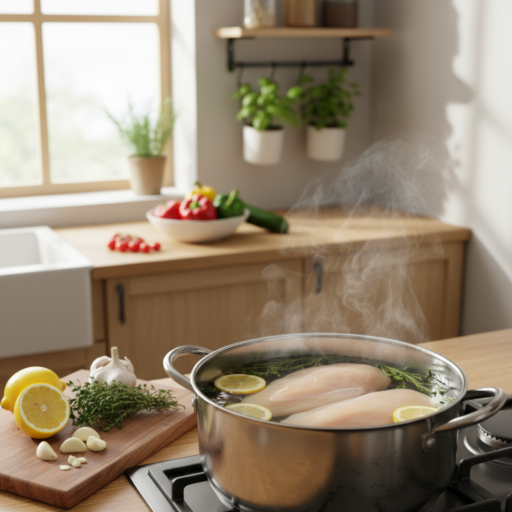 A serene kitchen scene showcasing the art of poaching chicken. In the foreground, a gleaming stainless steel pot filled with simmering water and herbs, steam rising gently, creating a warm atmosphere. Resting beside the pot, fresh ingredients like sprigs of thyme, sliced garlic, and halved lemon. In the middle ground, a pair of tender chicken breasts submerged in the pot, perfectly cooked and tender. The background features a sunlit kitchen with wooden cabinets, a colorful vegetable bowl on a countertop, and a hanging herb garden. Soft, natural lighting floods the scene, highlighting the freshness of the ingredients and creating a comforting ambiance, evoking the homey feel of creating a wholesome meal.
