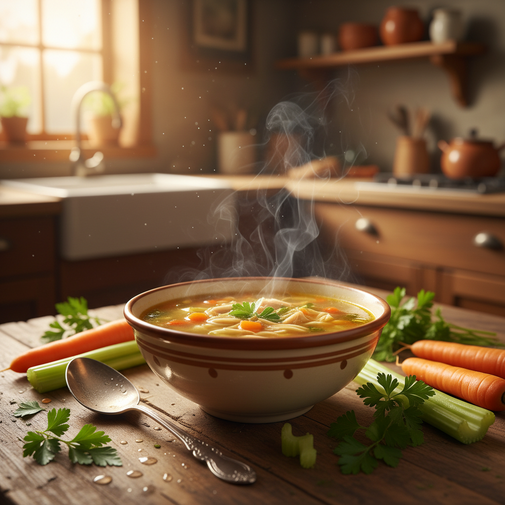 A steaming bowl of homemade chicken soup sits invitingly on a rustic wooden table, surrounded by fresh vegetables like carrots, celery, and parsley, showcasing vibrant colors. In the foreground, a delicate spoon rests beside the bowl, with condensation creating a warm atmosphere. The middle section features a softly lit kitchen in the background, with natural sunlight streaming through a nearby window, illuminating the earthy tones of the soup and enhancing its comforting appeal. Gentle steam rises from the bowl, evoking a sense of warmth and nostalgia. The scene conveys a homey, cozy vibe, perfect for highlighting the timeless comfort of this classic dish. The composition uses a soft focus, emphasizing the soup while creating an inviting, serene background.