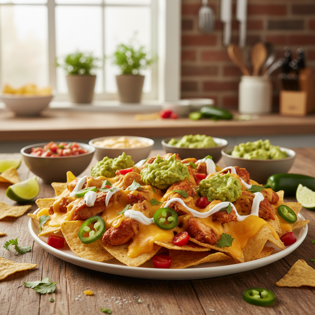 A tantalizing plate of chicken nachos takes center stage, featuring golden, crispy tortilla chips generously topped with shredded, seasoned chicken, melted cheddar cheese, and a vibrant array of colorful toppings. Fresh jalapeños, diced tomatoes, creamy guacamole, and a drizzle of sour cream add texture and flavor. The foreground showcases this mouthwatering dish, while the middle ground features a rustic wooden table adorned with additional dipping sauces and scattered ingredients for a dynamic feel. In the background, a softly lit kitchen ambiance sets a warm, inviting atmosphere, with subtle hints of greenery from potted herbs. The image is captured at a slight overhead angle, highlighting the layers of toppings beautifully, with warm, natural lighting enhancing the appetizing colors of the nachos, evoking a sense of comfort and enjoyment for casual gatherings. A tantalizing plate of chicken nachos takes center stage, featuring golden, crispy tortilla chips generously topped with shredded, seasoned chicken, melted cheddar cheese, and a vibrant array of colorful toppings. Fresh jalapeños, diced tomatoes, creamy guacamole, and a drizzle of sour cream add texture and flavor. The foreground showcases this mouthwatering dish, while the middle ground features a rustic wooden table adorned with additional dipping sauces and scattered ingredients for a dynamic feel. In the background, a softly lit kitchen ambiance sets a warm, inviting atmosphere, with subtle hints of greenery from potted herbs. The image is captured at a slight overhead angle, highlighting the layers of toppings beautifully, with warm, natural lighting enhancing the appetizing colors of the nachos, evoking a sense of comfort and enjoyment for casual gatherings.