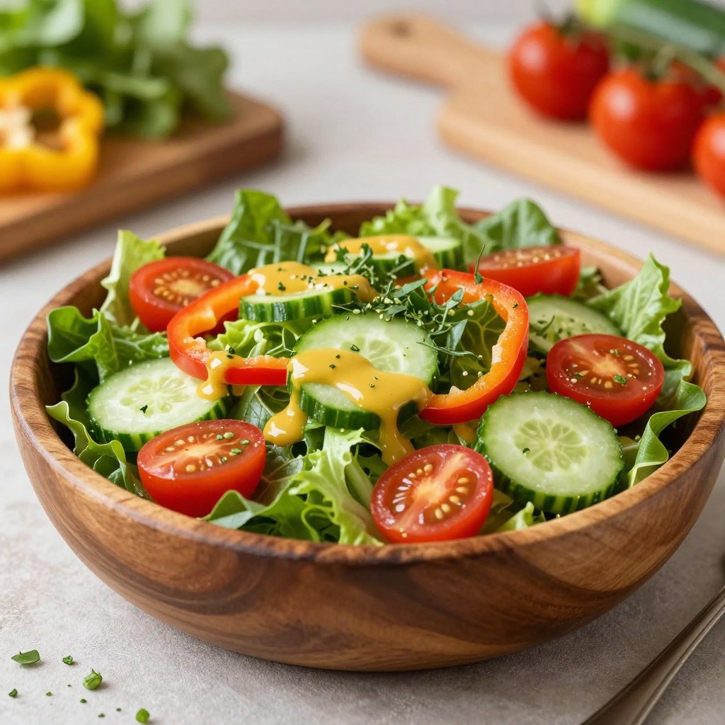 A vibrant and fresh honey mustard salad displayed in a rustic wooden bowl, prominently featuring crisp mixed greens, colorful cherry tomatoes, crunchy cucumber slices, and thinly sliced bell peppers. The salad lightly drizzled with a glossy honey mustard dressing that glistens in the light. The foreground is filled with fresh herbs sprinkled on top for added color. In the background, soft-focus kitchen elements like a wooden cutting board and a blurred assortment of vegetables enhance the cooking atmosphere. The scene is illuminated with warm, natural lighting to create an inviting mood. Shot from a slightly elevated angle to capture the salad's texture and colors beautifully, while keeping the composition clean and appealing. A vibrant and fresh honey mustard salad displayed in a rustic wooden bowl, prominently featuring crisp mixed greens, colorful cherry tomatoes, crunchy cucumber slices, and thinly sliced bell peppers. The salad lightly drizzled with a glossy honey mustard dressing that glistens in the light. The foreground is filled with fresh herbs sprinkled on top for added color. In the background, soft-focus kitchen elements like a wooden cutting board and a blurred assortment of vegetables enhance the cooking atmosphere. The scene is illuminated with warm, natural lighting to create an inviting mood. Shot from a slightly elevated angle to capture the salad's texture and colors beautifully, while keeping the composition clean and appealing.