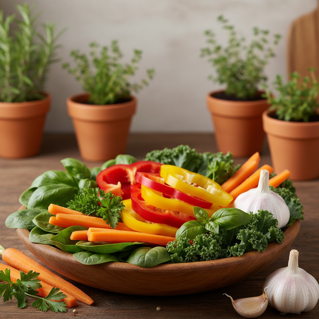 A vibrant array of nutrient-dense vegetables and herbs artistically arranged in a rustic wooden bowl. In the foreground, fresh spinach leaves, kale, and bright orange carrots are interspersed with aromatic herbs like basil and parsley. In the middle, neatly sliced bell peppers showcase their vivid colors, while a couple of garlic cloves add a rustic touch. The background features a soft-focus kitchen setting with warm, natural lighting, highlighting a wooden countertop and a few herbs growing in pots, evoking a sense of homeliness and wellness. The scene captures a fresh and inviting atmosphere, perfect for healthy cooking, with an emphasis on the natural beauty and richness of wholesome ingredients.