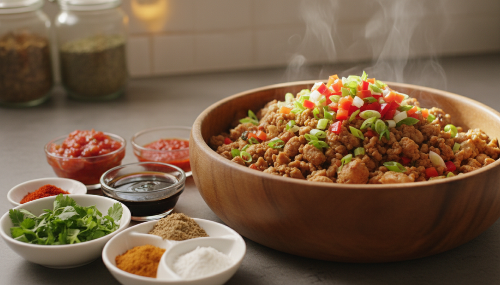 A vibrant, eye-catching display of flavor boosters and sauces tailored for enhancing ground chicken dishes. In the foreground, an assortment of colorful ingredients such as fresh herbs (cilantro and basil), vibrant spices (paprika, cumin, and garlic powder), and small bowls of sauces (salsa, teriyaki, and sriracha) are arranged appealingly. The middle layer features a beautifully cooked ground chicken dish, piled high with fresh toppings and garnishes, showcasing its versatility. The background softly blurs an inviting kitchen setting with warm lighting, evoking a cozy cooking atmosphere. The scene is captured from a slightly elevated angle, emphasizing the textures of the spices and the deliciousness of the chicken dish while inspiring a mood of culinary creativity and healthy eating. A vibrant, eye-catching display of flavor boosters and sauces tailored for enhancing ground chicken dishes. In the foreground, an assortment of colorful ingredients such as fresh herbs (cilantro and basil), vibrant spices (paprika, cumin, and garlic powder), and small bowls of sauces (salsa, teriyaki, and sriracha) are arranged appealingly. The middle layer features a beautifully cooked ground chicken dish, piled high with fresh toppings and garnishes, showcasing its versatility. The background softly blurs an inviting kitchen setting with warm lighting, evoking a cozy cooking atmosphere. The scene is captured from a slightly elevated angle, emphasizing the textures of the spices and the deliciousness of the chicken dish while inspiring a mood of culinary creativity and healthy eating.