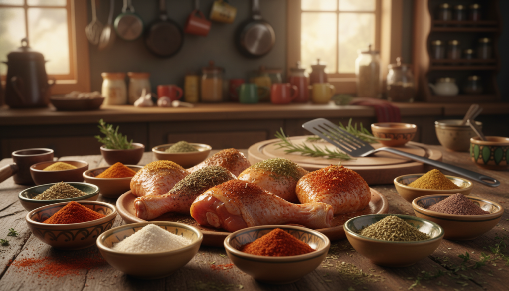 A vibrant kitchen scene showcasing an array of colorful spice rubs specifically for chicken legs. In the foreground, various small bowls filled with spices like paprika, garlic powder, cayenne pepper, and herbs are artistically arranged on a rustic wooden table. Some spice rubs are sprinkled creatively on raw chicken legs, which are placed in the center, glistening with an enticing marinade. In the middle ground, a spatula and a cutting board with fresh herbs like rosemary and thyme add depth. The background features an inviting kitchen, softly lit with warm, natural light, enhancing the vibrant colors of the spices. The mood is warm and cozy, suggesting a home cooking vibe perfect for easy weeknight dinners. The image composition should emphasize texture and contrast, with a focus on the spices and chicken. A vibrant kitchen scene showcasing an array of colorful spice rubs specifically for chicken legs. In the foreground, various small bowls filled with spices like paprika, garlic powder, cayenne pepper, and herbs are artistically arranged on a rustic wooden table. Some spice rubs are sprinkled creatively on raw chicken legs, which are placed in the center, glistening with an enticing marinade. In the middle ground, a spatula and a cutting board with fresh herbs like rosemary and thyme add depth. The background features an inviting kitchen, softly lit with warm, natural light, enhancing the vibrant colors of the spices. The mood is warm and cozy, suggesting a home cooking vibe perfect for easy weeknight dinners. The image composition should emphasize texture and contrast, with a focus on the spices and chicken.