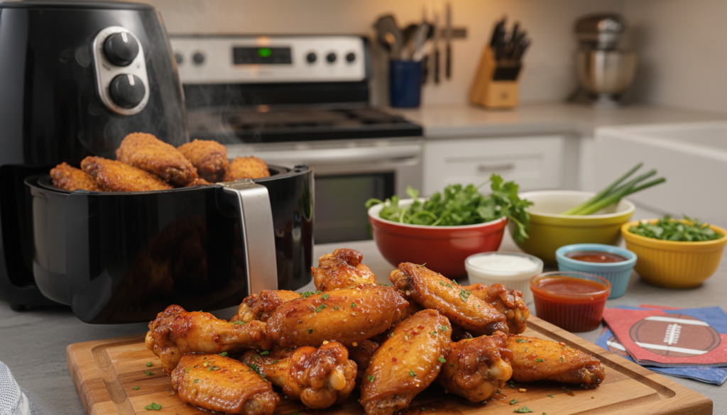 A vibrant kitchen scene showcasing an array of mouth-watering chicken wings, beautifully seasoned and arranged on a wooden cutting board. In the foreground, a golden-brown batch of oven-baked wings glistens under warm, overhead lighting, while an air fryer filled with perfectly crispy wings sits prominently in the middle. The background features a clean, modern kitchen with utensils neatly organized, and colorful ingredients like fresh herbs and sauces laid out. The composition captures the essence of cooking mastery, creating an inviting and cheerful atmosphere perfect for game day preparations. Soft focus on the background emphasizes the delicious wings, while a slight overhead angle highlights the detail and texture of the wings. The overall mood is fun, energetic, and celebratory. A vibrant kitchen scene showcasing an array of mouth-watering chicken wings, beautifully seasoned and arranged on a wooden cutting board. In the foreground, a golden-brown batch of oven-baked wings glistens under warm, overhead lighting, while an air fryer filled with perfectly crispy wings sits prominently in the middle. The background features a clean, modern kitchen with utensils neatly organized, and colorful ingredients like fresh herbs and sauces laid out. The composition captures the essence of cooking mastery, creating an inviting and cheerful atmosphere perfect for game day preparations. Soft focus on the background emphasizes the delicious wings, while a slight overhead angle highlights the detail and texture of the wings. The overall mood is fun, energetic, and celebratory.