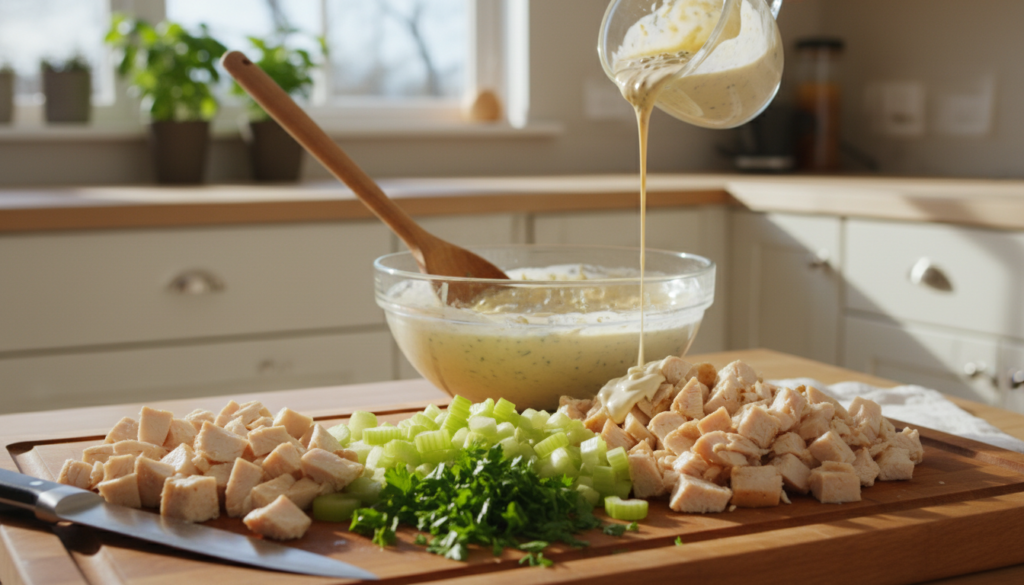 A vibrant kitchen scene showcasing the step-by-step process of making chicken salad. In the foreground, a wooden cutting board holds diced chicken breast, chopped celery, and bright green parsley, surrounded by tools like a knife and mixing bowl. The middle layer features a clear glass bowl filled with a creamy dressing being drizzled over the colorful ingredients, while a wooden spoon is poised for mixing. The background is softly blurred, depicting a bright, sunlit kitchen with fresh herbs in pots and light-colored cabinets. The overall atmosphere is warm and inviting, illuminating the joy of cooking. The lighting is natural and bright, evoking a fresh and healthy vibe ideal for easy lunch recipes. A vibrant kitchen scene showcasing the step-by-step process of making chicken salad. In the foreground, a wooden cutting board holds diced chicken breast, chopped celery, and bright green parsley, surrounded by tools like a knife and mixing bowl. The middle layer features a clear glass bowl filled with a creamy dressing being drizzled over the colorful ingredients, while a wooden spoon is poised for mixing. The background is softly blurred, depicting a bright, sunlit kitchen with fresh herbs in pots and light-colored cabinets. The overall atmosphere is warm and inviting, illuminating the joy of cooking. The lighting is natural and bright, evoking a fresh and healthy vibe ideal for easy lunch recipes.
