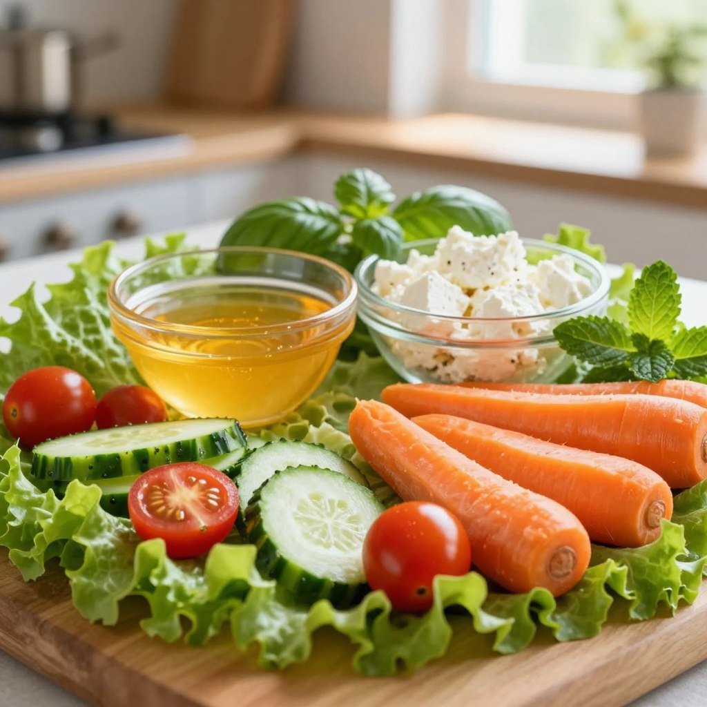 A visually appealing arrangement of fresh ingredients for a honey vegetable salad, featuring vibrant colors and textures. In the foreground, crisp green lettuce leaves, ripe cherry tomatoes, crunchy cucumbers, and bright orange carrots are artfully sliced and arranged. In the middle ground, a small bowl of golden honey sits alongside a glass container of fluffy feta cheese, surrounded by fragrant herbs like basil and mint. The background includes soft, blurred kitchen elements that evoke a warm and inviting atmosphere, illuminated by natural sunlight coming through a nearby window. The scene is captured using a shallow depth of field to emphasize the freshness of the ingredients, creating a mood of health and vitality, perfect for a culinary article. A visually appealing arrangement of fresh ingredients for a honey vegetable salad, featuring vibrant colors and textures. In the foreground, crisp green lettuce leaves, ripe cherry tomatoes, crunchy cucumbers, and bright orange carrots are artfully sliced and arranged. In the middle ground, a small bowl of golden honey sits alongside a glass container of fluffy feta cheese, surrounded by fragrant herbs like basil and mint. The background includes soft, blurred kitchen elements that evoke a warm and inviting atmosphere, illuminated by natural sunlight coming through a nearby window. The scene is captured using a shallow depth of field to emphasize the freshness of the ingredients, creating a mood of health and vitality, perfect for a culinary article.