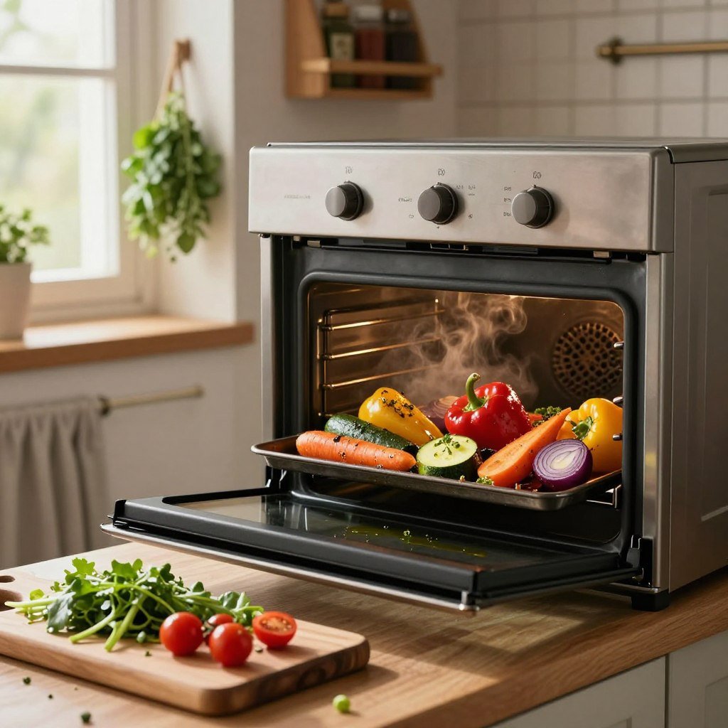 A warm and inviting kitchen scene featuring an oven with freshly roasted vegetables, such as bell peppers, zucchini, carrots, and red onions, glistening with olive oil and herbs. In the foreground, a wooden cutting board holds chopped greens and cherry tomatoes, while in the middle, the oven door is slightly ajar, revealing the vibrant colors of the veggies inside, emitting a gentle steam. The background includes rustic kitchen elements like hanging herbs, a spice rack, and soft, natural lighting coming through a window, creating a cozy atmosphere. The scene captures the essence of preparing delicious, healthy ingredients for a salad, evoking a sense of comfort and freshness. A warm and inviting kitchen scene featuring an oven with freshly roasted vegetables, such as bell peppers, zucchini, carrots, and red onions, glistening with olive oil and herbs. In the foreground, a wooden cutting board holds chopped greens and cherry tomatoes, while in the middle, the oven door is slightly ajar, revealing the vibrant colors of the veggies inside, emitting a gentle steam. The background includes rustic kitchen elements like hanging herbs, a spice rack, and soft, natural lighting coming through a window, creating a cozy atmosphere. The scene captures the essence of preparing delicious, healthy ingredients for a salad, evoking a sense of comfort and freshness.