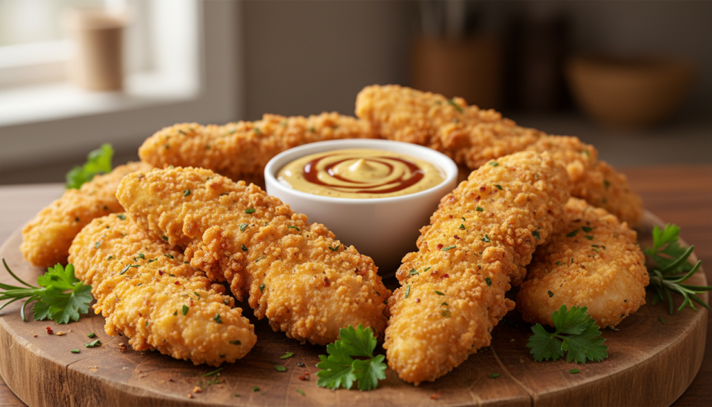 Crispy chicken tenders arranged elegantly on a rustic wooden platter, showcasing a golden-brown coating that glistens with a light sheen of oil. In the foreground, tenders are perfectly breaded with visible herbs and spices, emphasizing their crunchiness. The middle ground features a dipping sauce, like honey mustard or barbecue, in a small white bowl, accentuating the appetizing appeal. Surrounding the dish, some fresh parsley or greens add a touch of color. The background is softly blurred, revealing a warm kitchen ambiance with gentle, natural light streaming in from a nearby window, creating an inviting and homey atmosphere. The angle is slightly overhead, capturing the tenders' texture, with a focus on their crispiness, evoking a sense of comfort and deliciousness. Crispy chicken tenders arranged elegantly on a rustic wooden platter, showcasing a golden-brown coating that glistens with a light sheen of oil. In the foreground, tenders are perfectly breaded with visible herbs and spices, emphasizing their crunchiness. The middle ground features a dipping sauce, like honey mustard or barbecue, in a small white bowl, accentuating the appetizing appeal. Surrounding the dish, some fresh parsley or greens add a touch of color. The background is softly blurred, revealing a warm kitchen ambiance with gentle, natural light streaming in from a nearby window, creating an inviting and homey atmosphere. The angle is slightly overhead, capturing the tenders' texture, with a focus on their crispiness, evoking a sense of comfort and deliciousness.