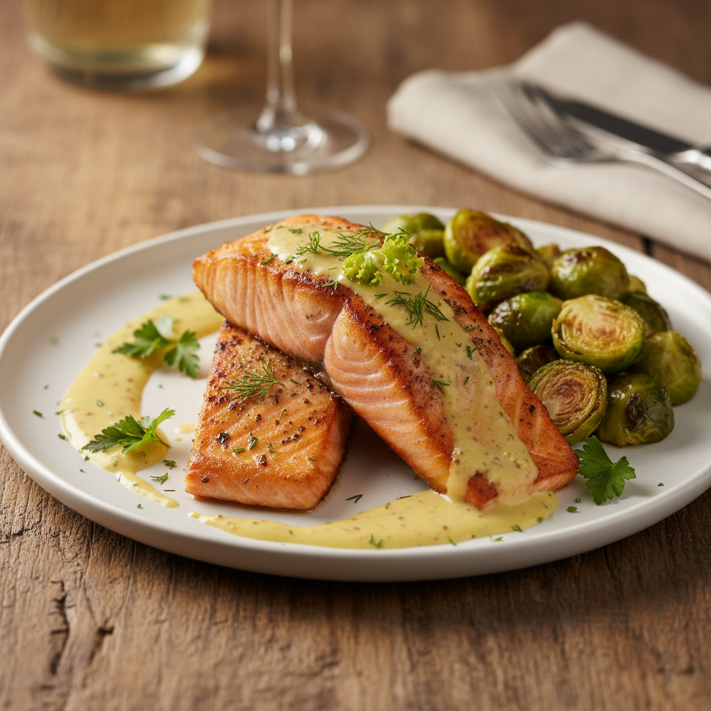 Seared Salmon with Brussel Sprouts and Mustard Sauce