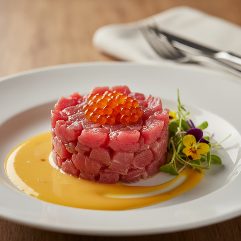 Tuna Tartare with Salmon Caviar and Egg Yolk Sauce